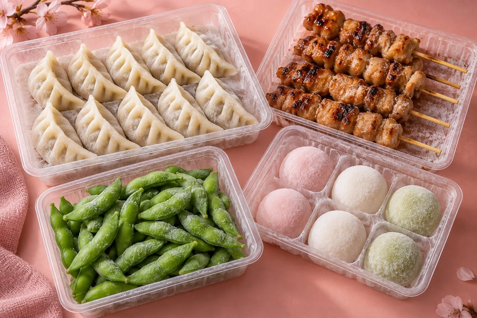 Illustrative frozen gyoza, yakitori, edamame and mochi