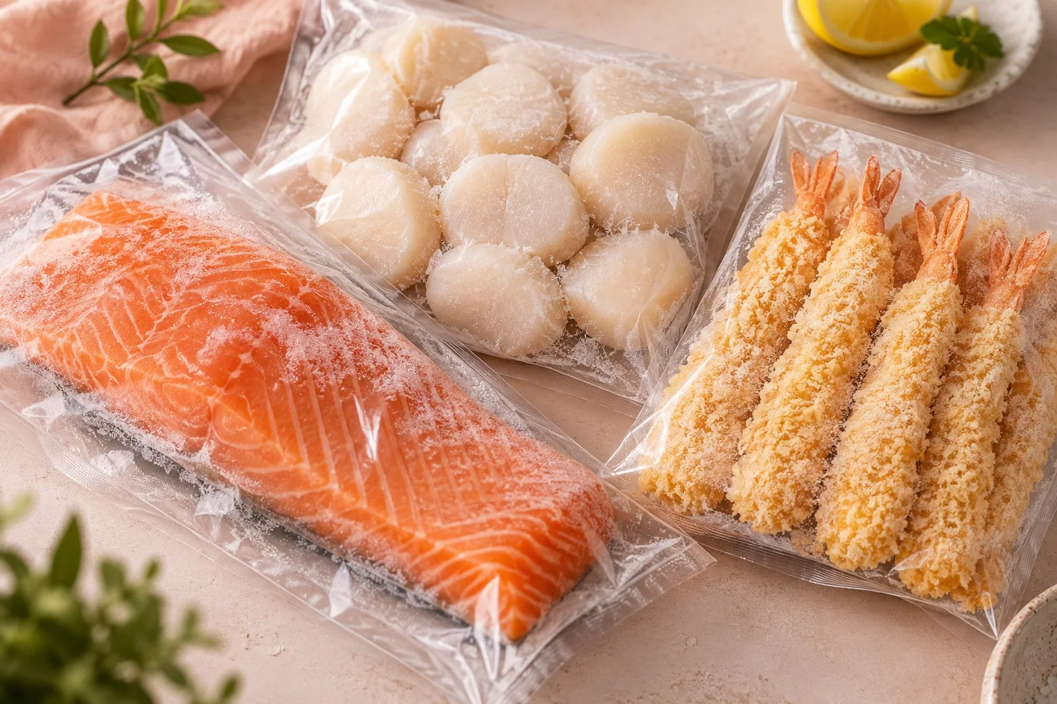 Illustrative frozen salmon, scallops and ebi in clear freezer packs