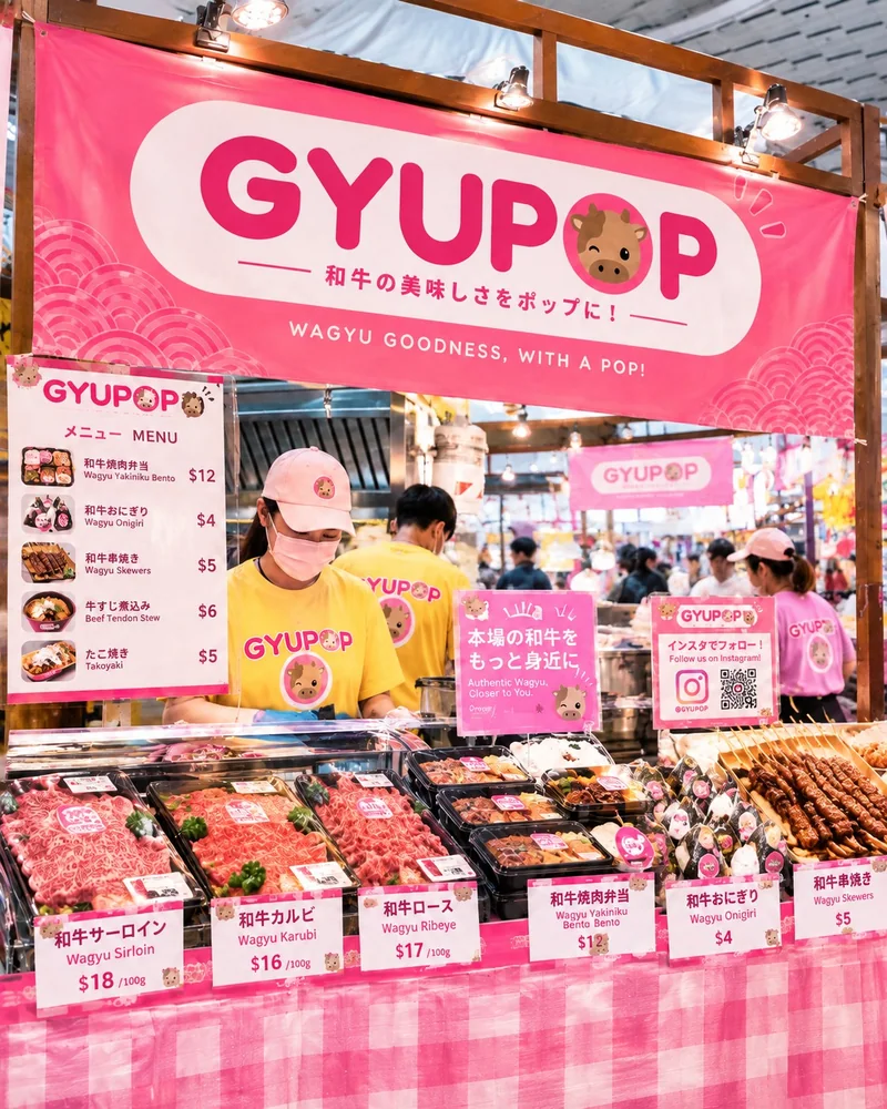 Pink GYUPOP stall concept with a branded banner and a display of Japanese food