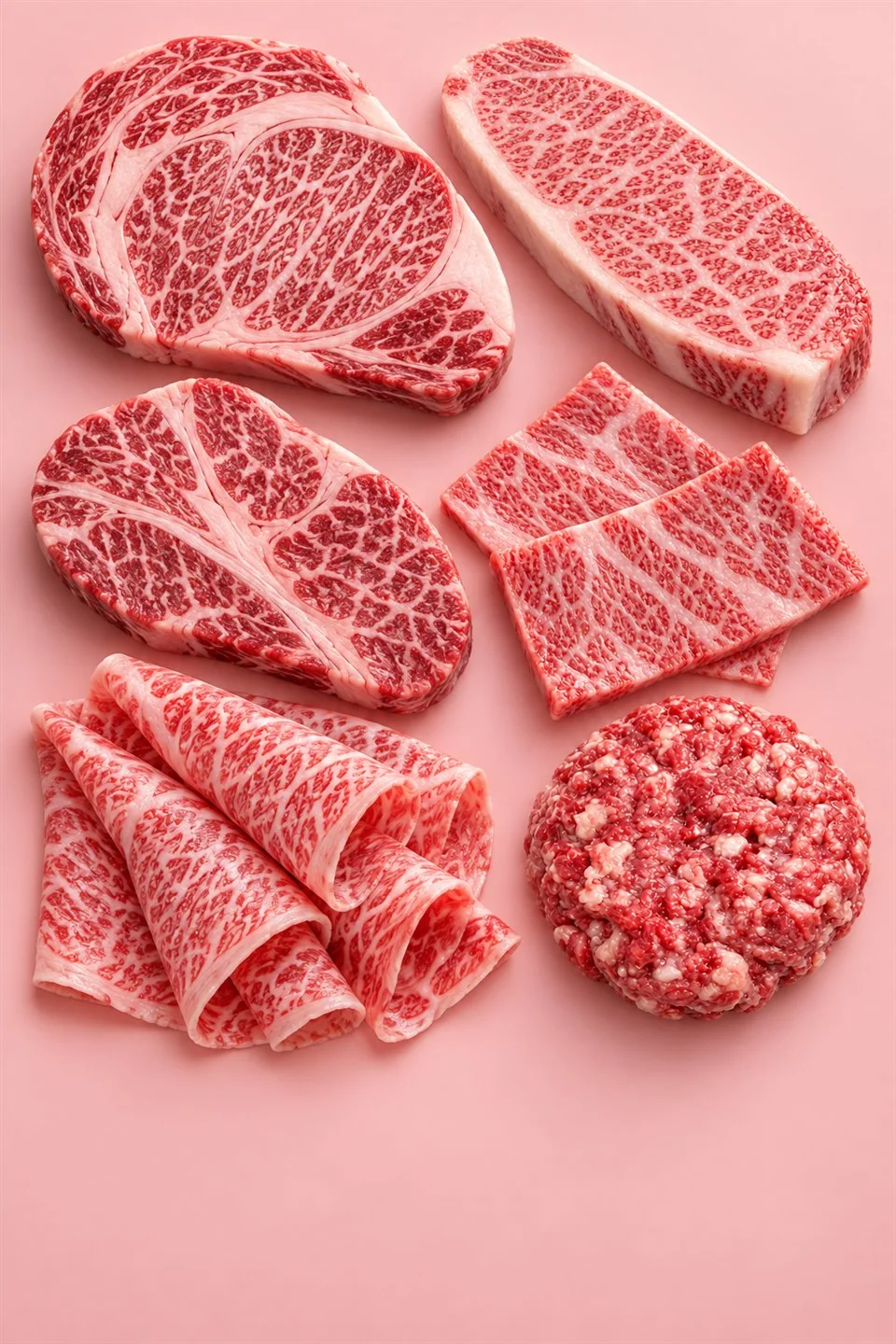 An assortment of richly marbled wagyu steaks, yakiniku slices, shabushabu and a patty